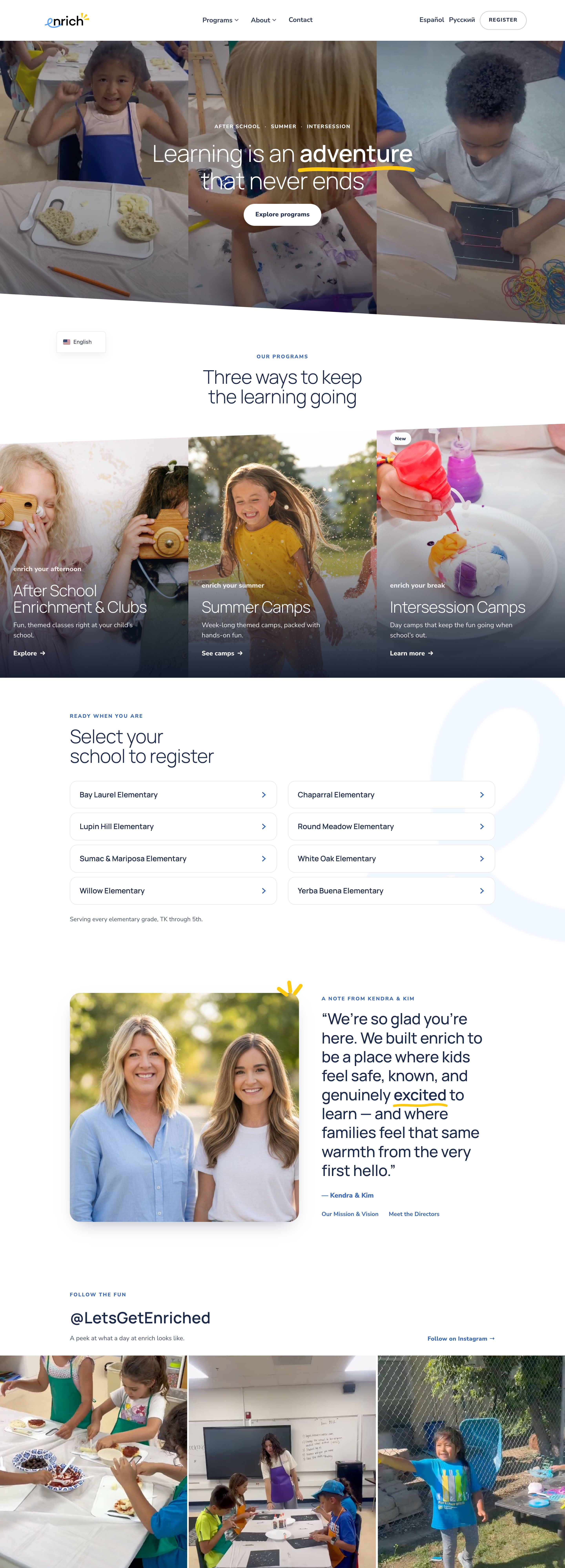 Full-length capture of the Enrich homepage