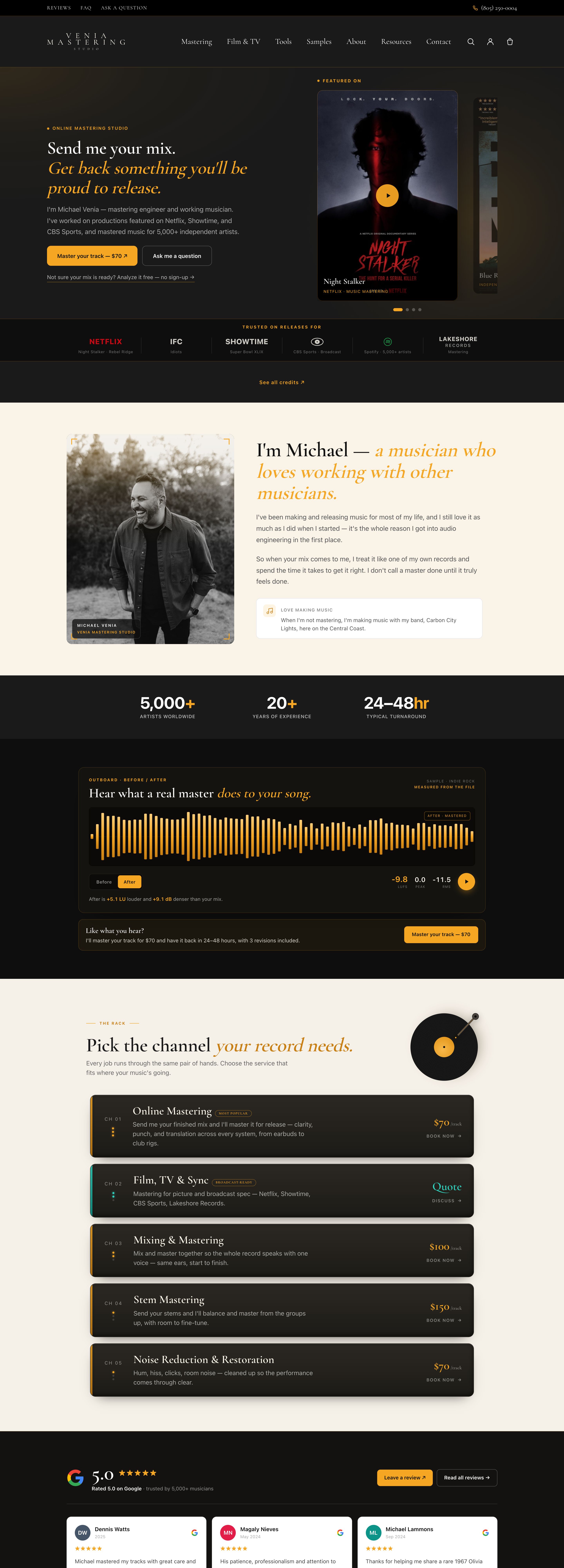 Full-length capture of the Venia Mastering Studio homepage